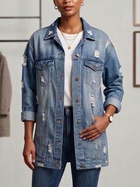 Leshop Distressed Long Blue Denim Jacket  Ptp 22.5" L 32.5"